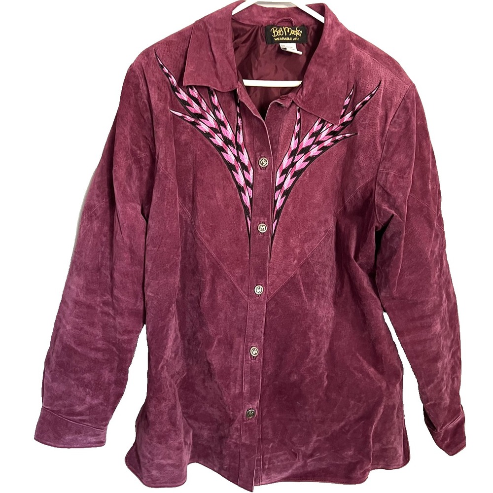 Bob Mackie Wearable Art Jacket Women L Plum Leather-Suede Embroidery Western